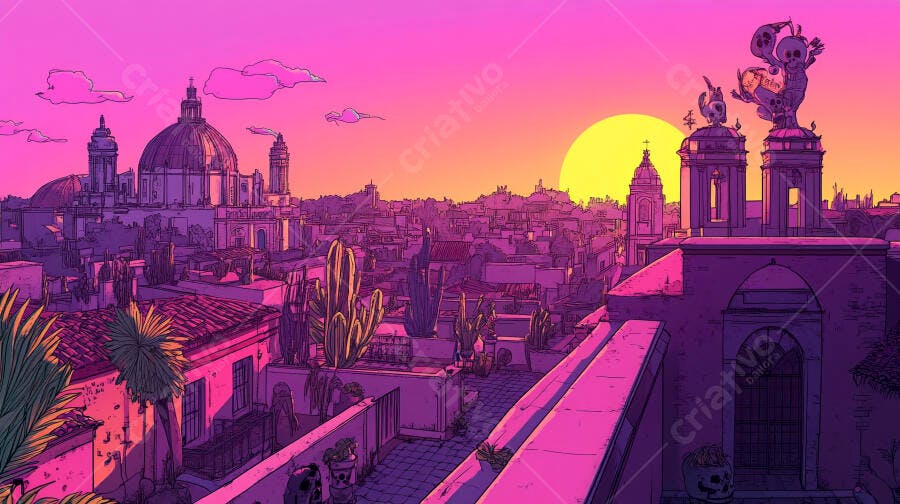 Cidade mexicana com pôr do sol vibrante arte digital rosa e roxo