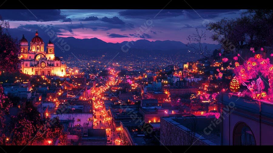 Cidade noturna com igreja colonial iluminada e luzes vibrantes ao entardecer