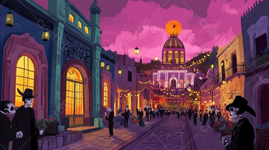 Calaveras elegantes celebrando Dia de los Muertos em rua vibrante ao anoitecer