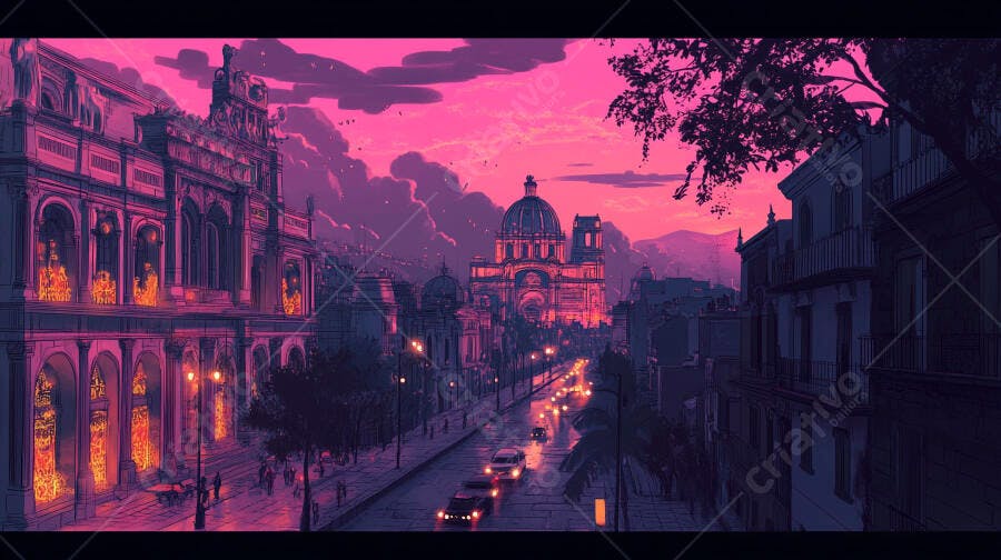 Cidade histórica ao pôr do sol rosa vibrante com luzes noturnas acesas