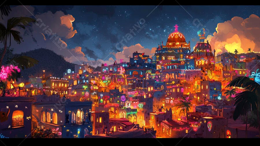Cidade vibrante iluminada com luzes festivas coloridas à noite
