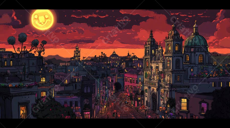 Cidade mexicana noite de Dia dos Mortos com lua sorridente e céu laranja