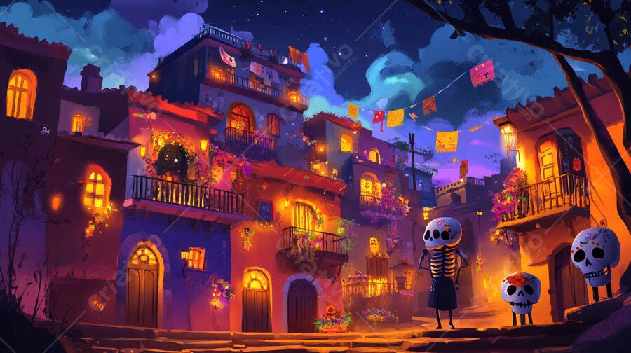 Rua festiva do Dia dos Mortos com esqueletos coloridos e luzes vibrantes à noite