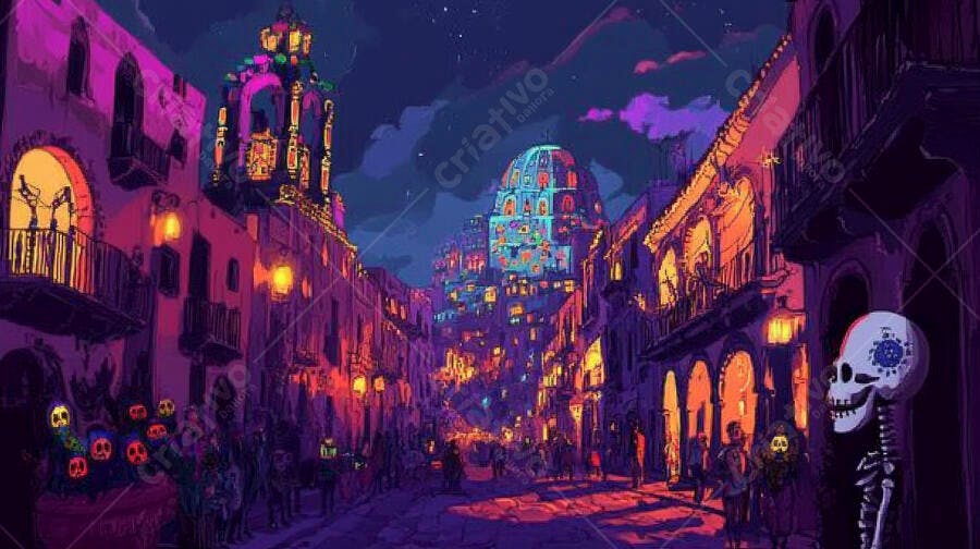 Rua festiva vibrante com edifícios iluminados e decoração de Dia dos Mortos