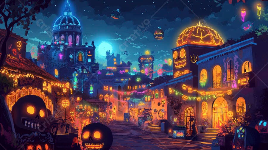 Rua festiva iluminada com decorações de Dia de los Muertos à noite na cidade mexicana
