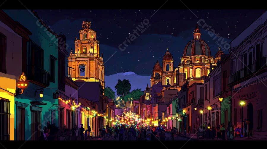 Noite festiva em rua colonial iluminada por luzes com pessoas