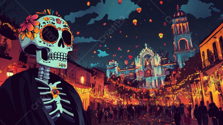 Calavera mexicana colorida na festa noturna do Dia dos Mortos em Oaxaca