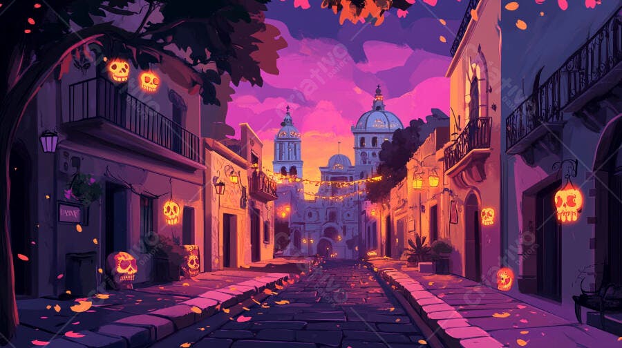 Rua mexicana festiva com lanternas de caveira roxas ao entardecer