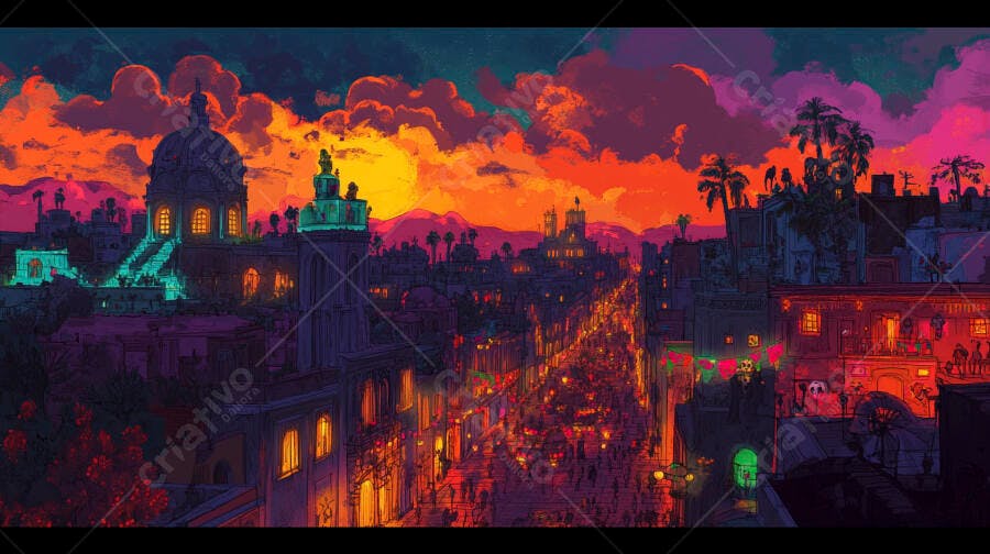 Cidade vibrante em festa ao pôr do sol com arquitetura histórica