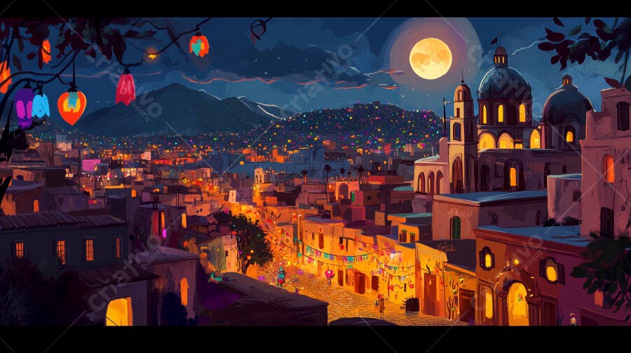 Cidade festiva colorida à noite com arquitetura colonial lua cheia e montanhas
