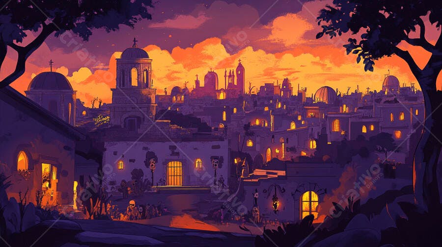 Cidade antiga com torres e luzes amarelas sob pôr do sol roxo e laranja