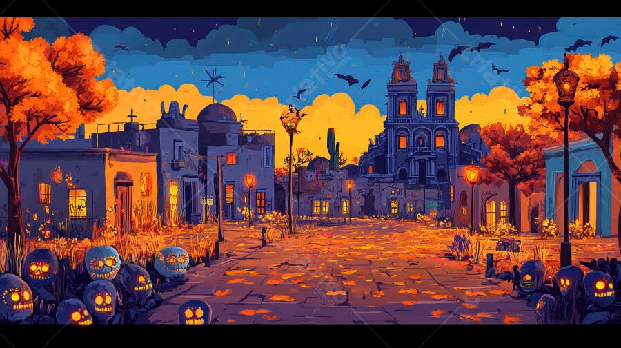 Celebração Dia de los Muertos em vila mexicana com caveiras luminosas e igreja