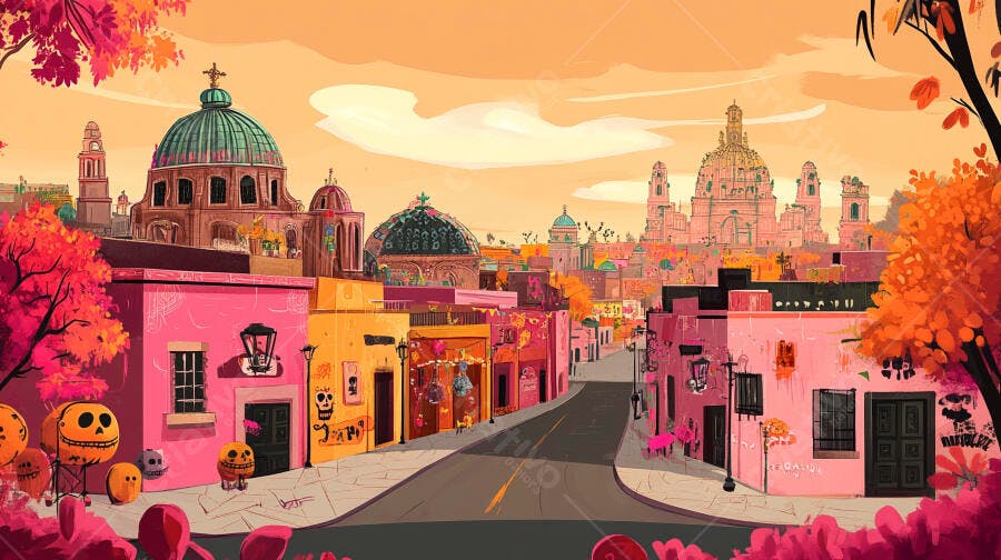 Rua colorida mexicana arquitetura colonial e decorações de Dia de Muertos