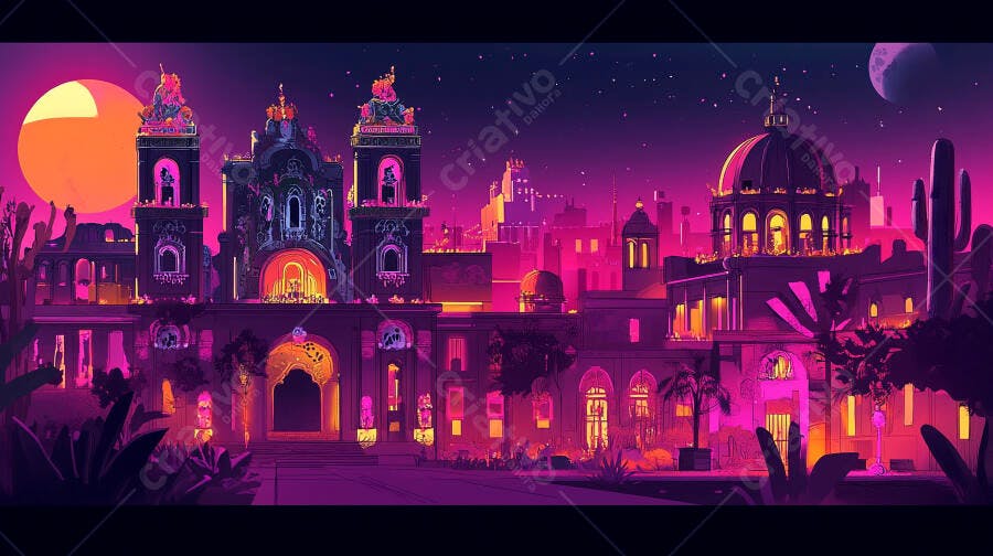 Cidade fantástica noturna com edifícios vibrantes e lua laranja
