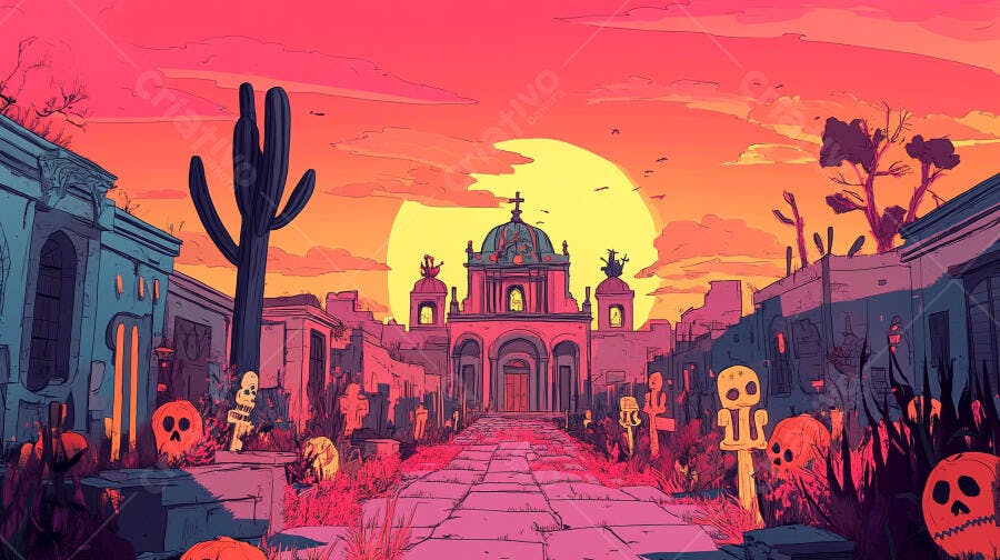 Pôr do sol rosa igreja mexicana cemitério com caveiras e cactos coloridos