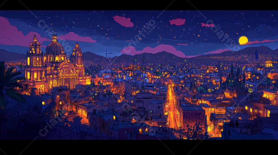 Cidade histórica iluminada à noite com catedral e montanhas sob a lua