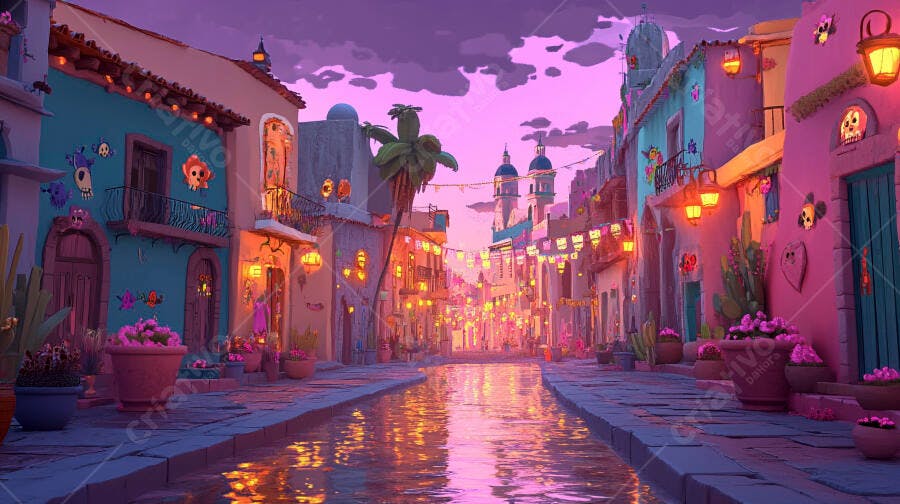 Rua colorida de vila mexicana ao entardecer com rio e luzes festivas