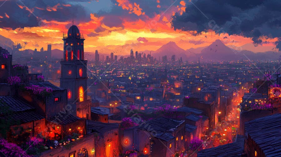 Cidade histórica iluminada ao crepúsculo com céu vibrante e montanhas