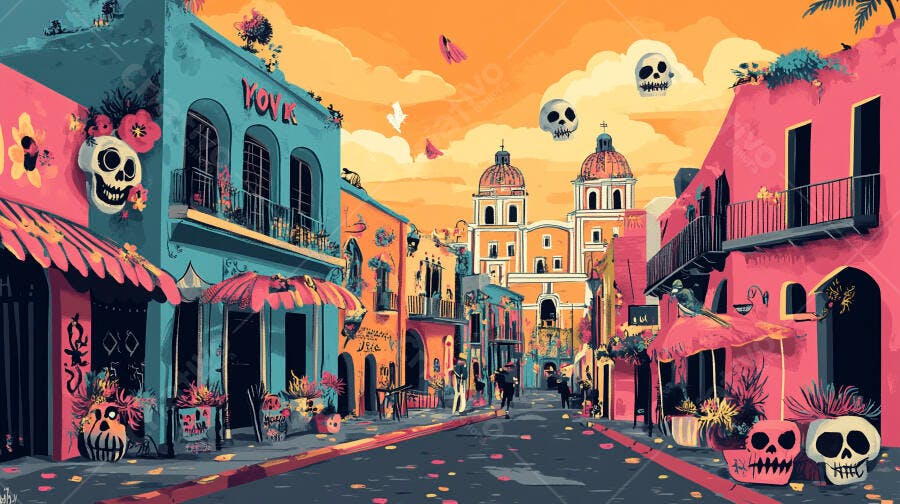Rua mexicana colorida com calaveras e igreja no Dia de Muertos ilustração festiva