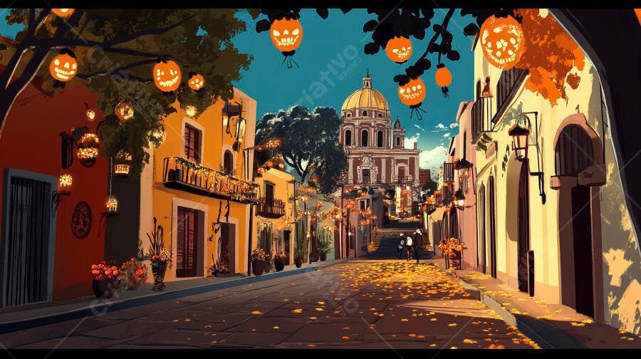 Rua colonial vibrante com lanternas de abóbora e folhas de outono à noite
