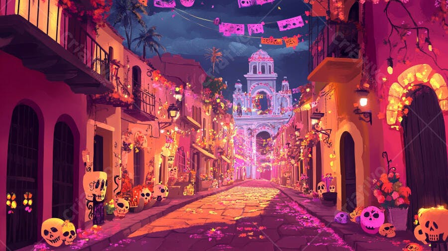 Rua mexicana colorida no Dia de los Muertos com caveiras e igreja