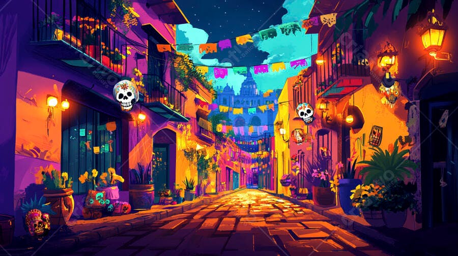 Rua mexicana colorida Dia de Muertos com calaveras e papel picado à noite
