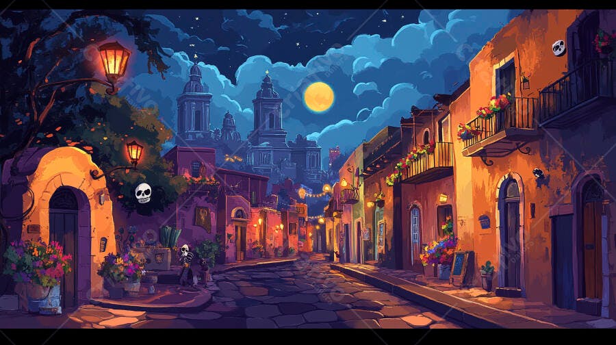 Rua noturna colorida em cidade mexicana com decorações do Dia de Los Muertos e lua cheia