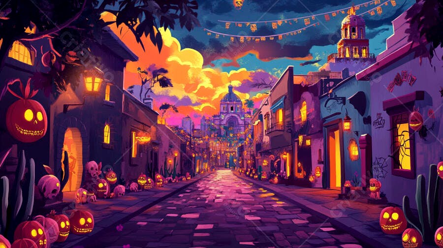 Rua colorida mexicana com decorações do Dia de Muertos no pôr do sol mágico