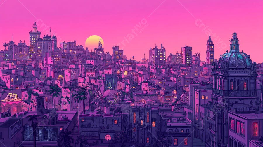 Cidade vibrante ao entardecer com tons de roxo e rosa neon