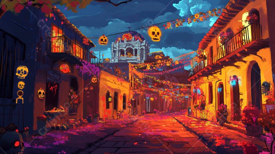 Rua festiva mexicana iluminada para o Dia dos Mortos