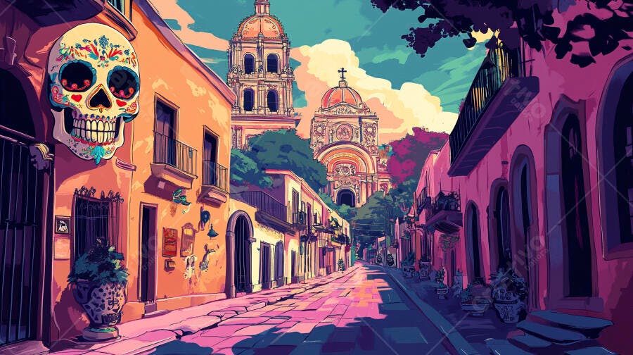 Rua mexicana vibrante com calavera de açúcar e catedral histórica