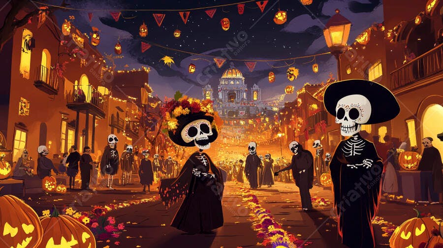Calaveras Catrinas e esqueletos celebrando Dia dos Mortos na rua à noite