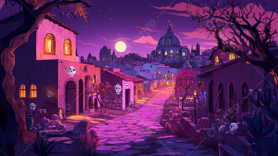 Rua noturna colorida de vila mexicana Dia dos Mortos com caveiras e lua cheia