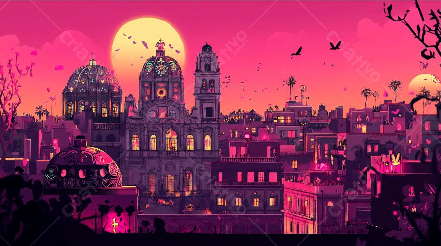 Pôr do sol rosa sobre cidade ilustrada com cúpulas e palmeiras