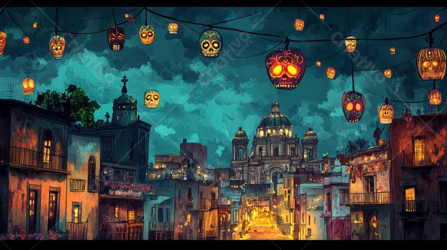 Caveiras coloridas iluminam rua em cidade mexicana no Dia dos Mortos