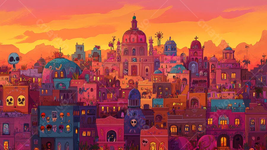 Cidade mexicana colorida com temática Día de los Muertos ao pôr do sol vibrante