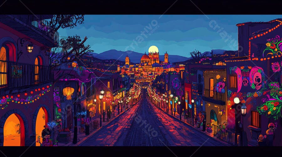 Cidade mexicana noturna iluminada com decorações de Dia de los Muertos e catedral ao fundo