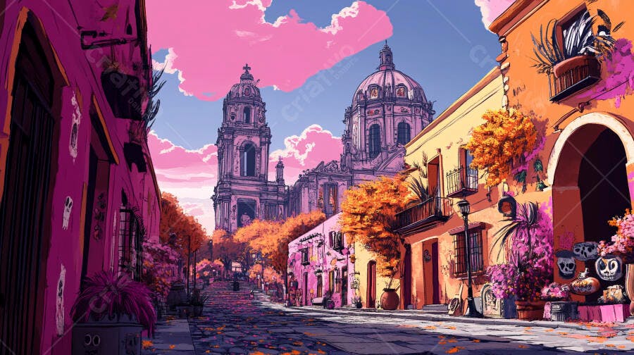 Rua colorida com igreja histórica e nuvens rosa no amanhecer