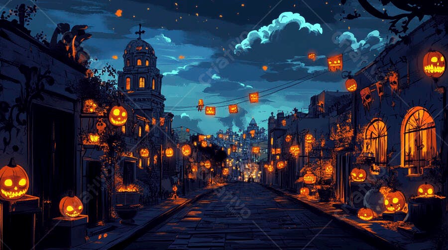 Rua de cidade antiga decorada com abóboras de Halloween à noite