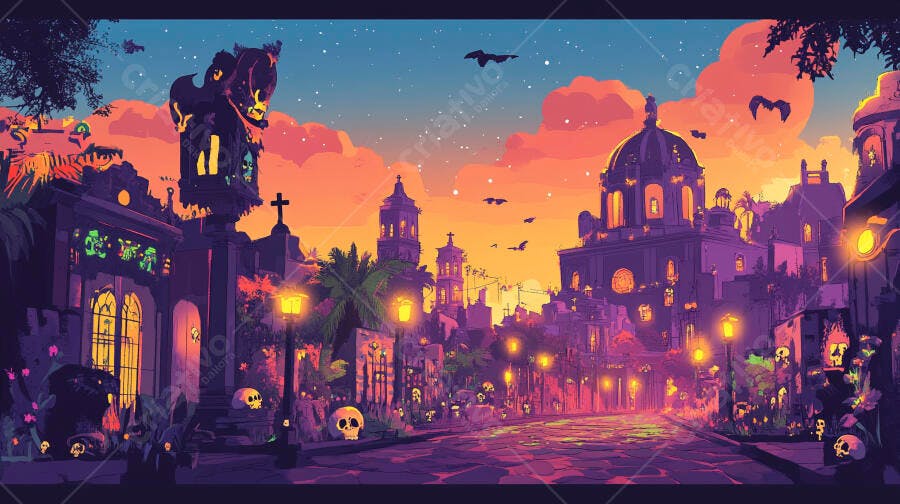 Cidade noturna misteriosa com caveiras e morcegos voando ao pôr do sol