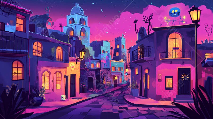 Cidade colonial colorida à noite com decorações de Dia dos Mortos e luzes mágicas