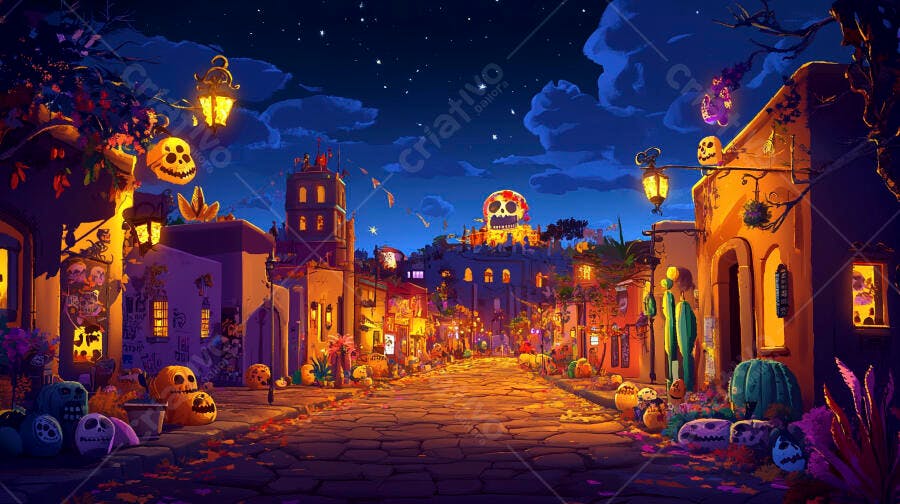 Rua festiva colorida à noite com caveiras iluminadas Dia de los Muertos