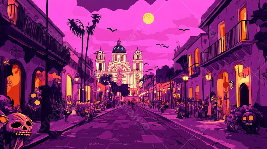 Dia dos Mortos celebração noturna com catedral rosa e caveiras vibrantes