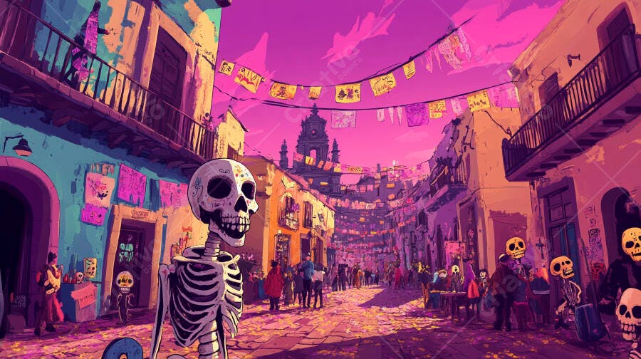Rua festiva Dia dos Mortos esqueletos e papel picado sob céu roxo vibrante