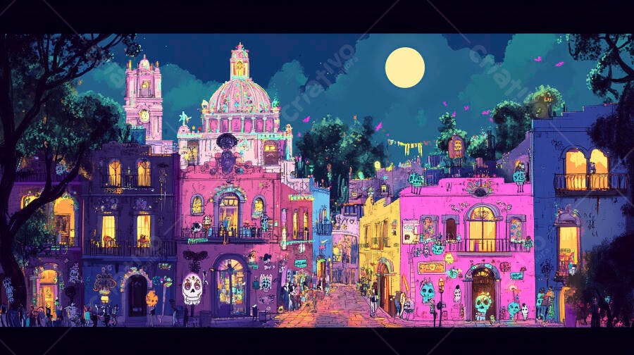 Rua festiva mexicana à noite com edifícios vibrantes e caveiras iluminadas