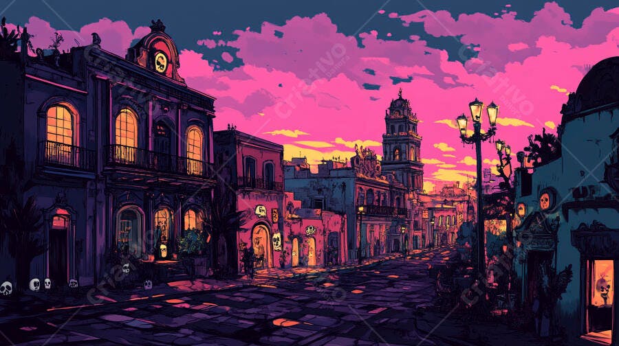 Rua festiva com edifícios antigos e crânios sob céu rosa pôr do sol