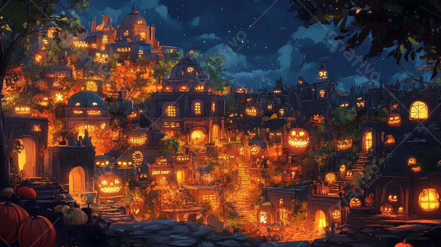 Cidade noturna de Halloween com abóboras luminosas e casas antigas em colina