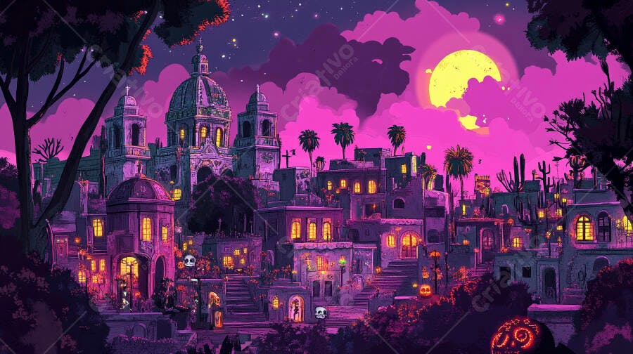 Cidade mística noturna com igreja e arquitetura mexicana sob lua cheia roxa