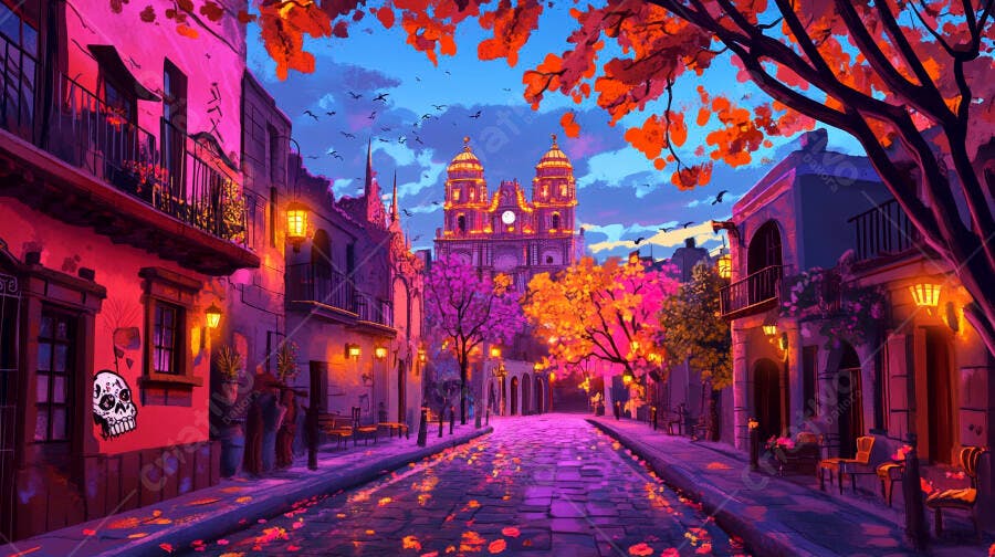 Rua colonial vibrante com igreja rosa iluminada e calavera colorida ao anoitecer