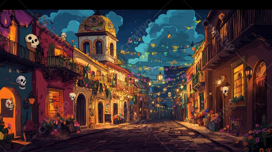 Rua mexicana colorida à noite com caveiras e luzes do Dia dos Mortos